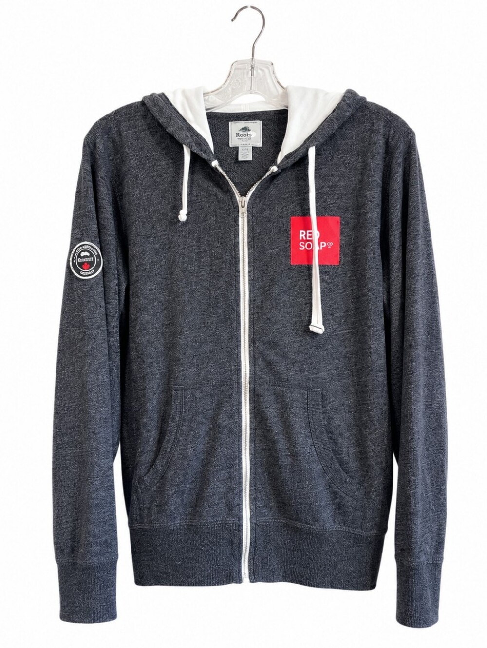 Roots Red Soap Co Full Zip Hoodie Charcoal Gray Logo Sweatshirt Casual